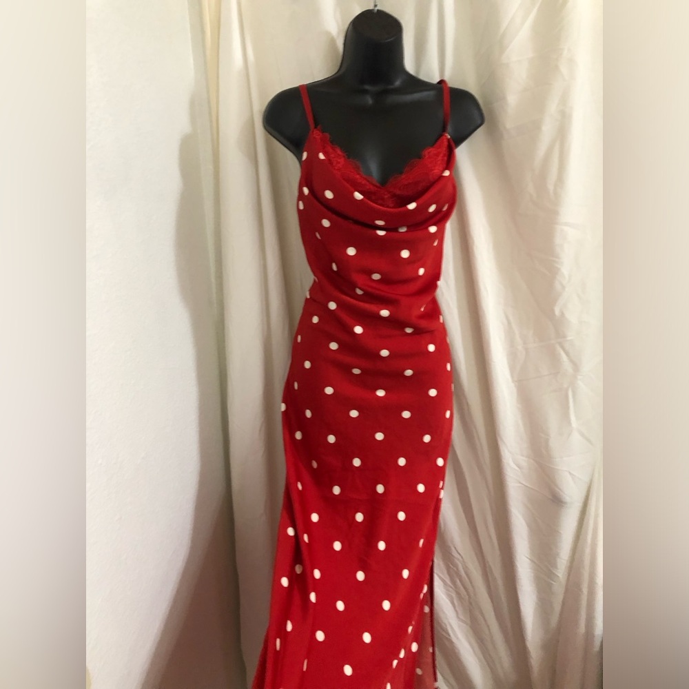 Jessica Simpson red white polka dot lace bra cowl neck maxi dress size medium - Picture 7 of 16